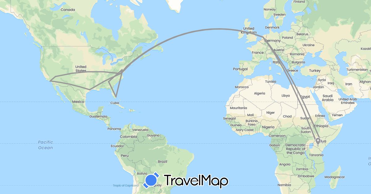 TravelMap itinerary: driving, plane in Kenya, Netherlands, United States (Africa, Europe, North America)